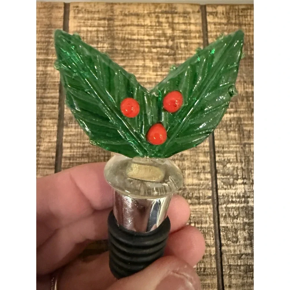 Blown Glass Holiday Holly Berries Bottle Stopper Christmas Beautiful Glass‎ Art